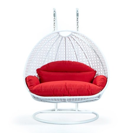 LEISUREMOD White Wicker Hanging 2 person Egg Swing Chair with Red Cushions ESCW-57R